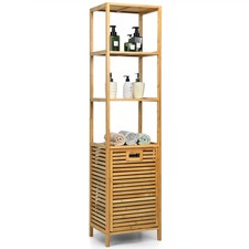 Costway Bathroom Tilt-out Laundry Hamper Bamboo Tower Hamper w/3-Tier Shelves