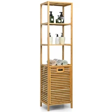 Costway Bathroom Tilt-out Laundry Hamper Bamboo Tower Hamper w/3-Tier Shelves