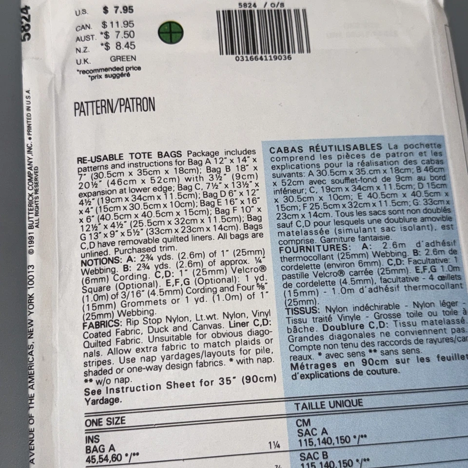 Butterick 5824 patrón de costura para 7 bolsas de mano reutilizables estilo, SIN CORTAR Foto 3 de 3