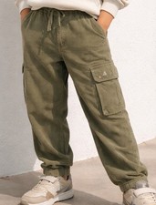ZARA Boys Corduroy Cargo Pants Size 8 Olive Green Elastic Waist Drawstring