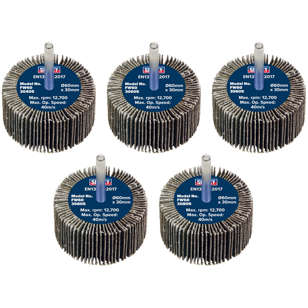 Sealey 60 x 30mm Abrasive Flap Wheel on 6mm Shaft Assorted Grit - PK 5