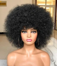 Short Afro Wig with Bangs for Black Women Afro Kinky Curly Wig 70s Premium Sy...