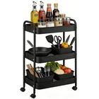 3-Tier Metal Rolling Utility Cart Lightweight Storage Organizer Trolley w/ hooks