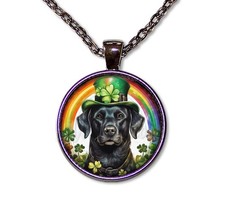 St Patrick's Day Black Lab Dog Rainbow - Handmade ROUND Glass Pendant Necklace