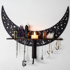 Bohemian Style Wooden Crescent Moon Wall Shelf for Crystals and Candlestick
