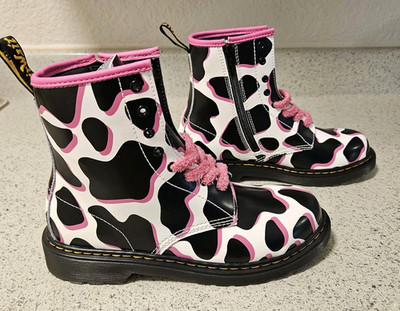 Dr Martens 1460 Cow Print Patent Leather Boots Black Pink Youth Kids Womens Sz 6