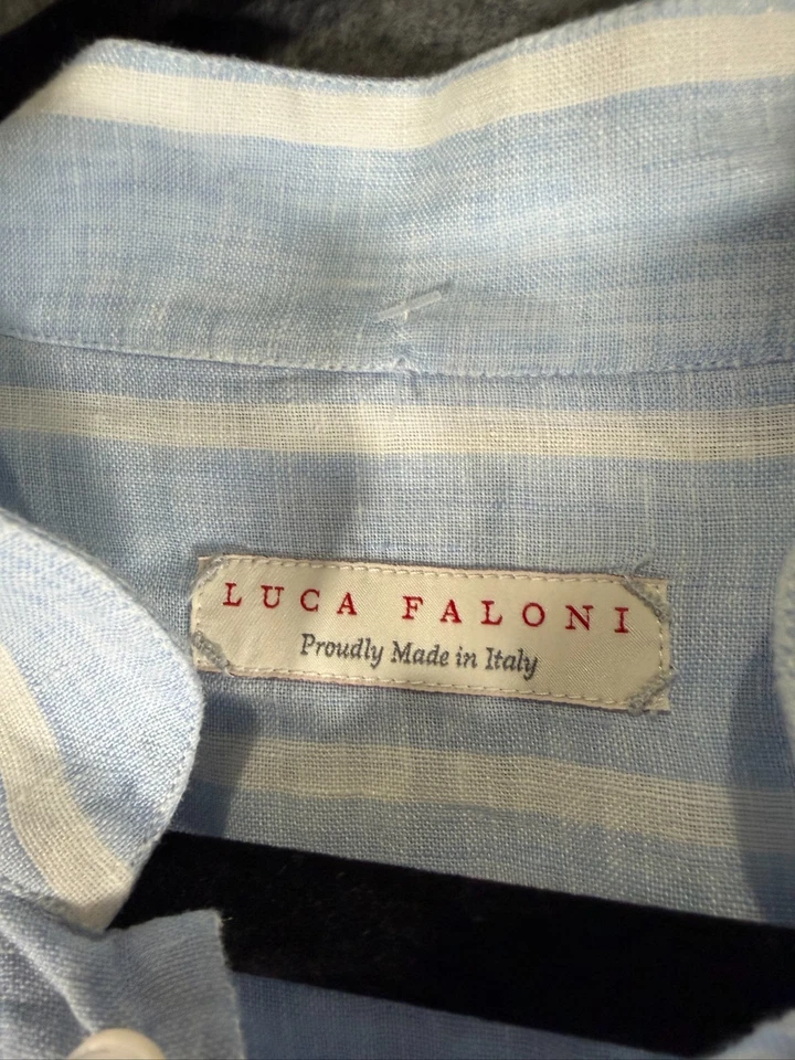 Camisa Luca Faloni Para Hombres 45 18 Azul Rayas Lino Portofino Hecha en Italia Popover Foto 2 de 4
