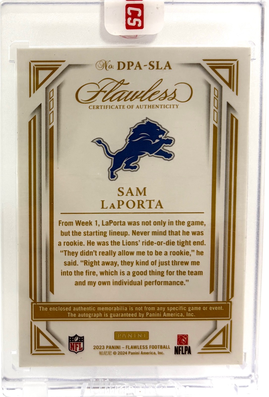 2023 Panini Flawless #DPA-SLA Sam LaPorta Rookie Dual Patch Auto Sapphire /10 RC view 2
