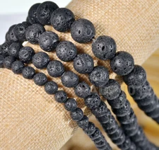 Wholesale Black Volcanic Lava Rock Gemstone Round Beads 15'' - 5 or 10 Stands