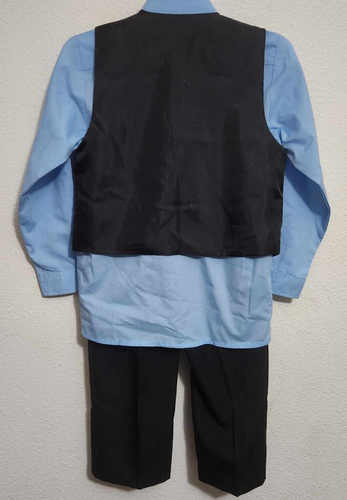 Boys Size 7 Formal 5 Piece Vest Suit Blk Pants/ Tie/ Pocket/ Blue Shirt/ Vest - Picture 3 of 4