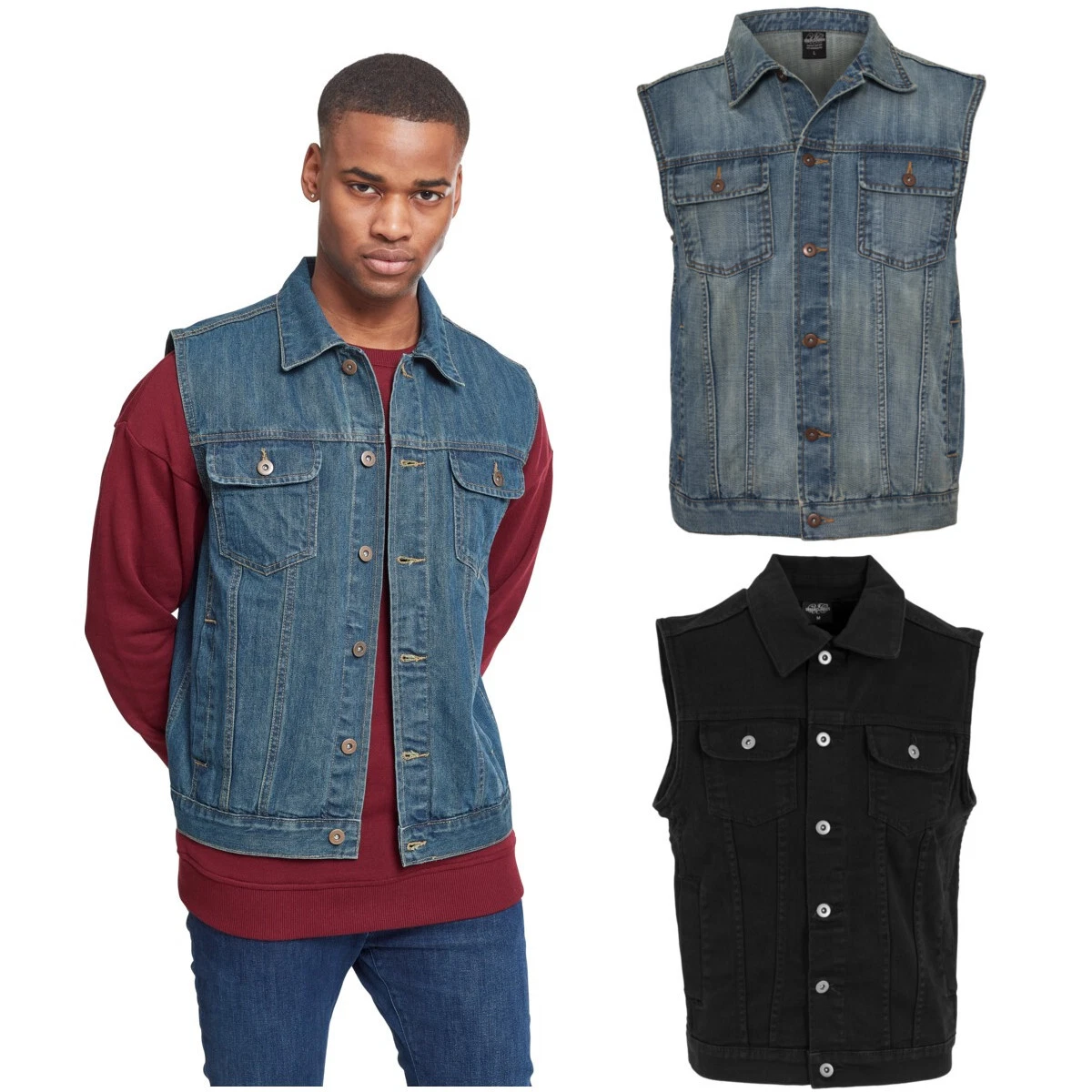 Urban Classics Denim Vest Retro Sleeveless Jeans Vest with Foldable Collar