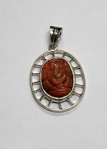 Ciondolo Ganesh intagliato pietra corallo naturale Italia argento sterling 92... - Foto 18 di 23