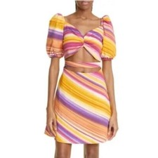 Autumn Adeigbo Alyssa Stripe Puff Sleeve Cutout Mini Dress Orange Purple Sz 6