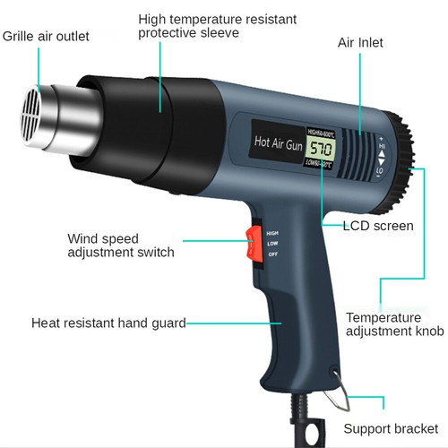 2500 W Pistola termica ventilatore ad aria calda strumento riscaldatore di potenza a doppia temperatura +4 ugelli - Foto 4 di 14