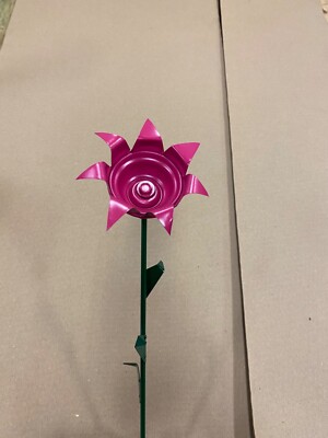 Recycled All metal Magenta Rose flower rock garden stake yard art