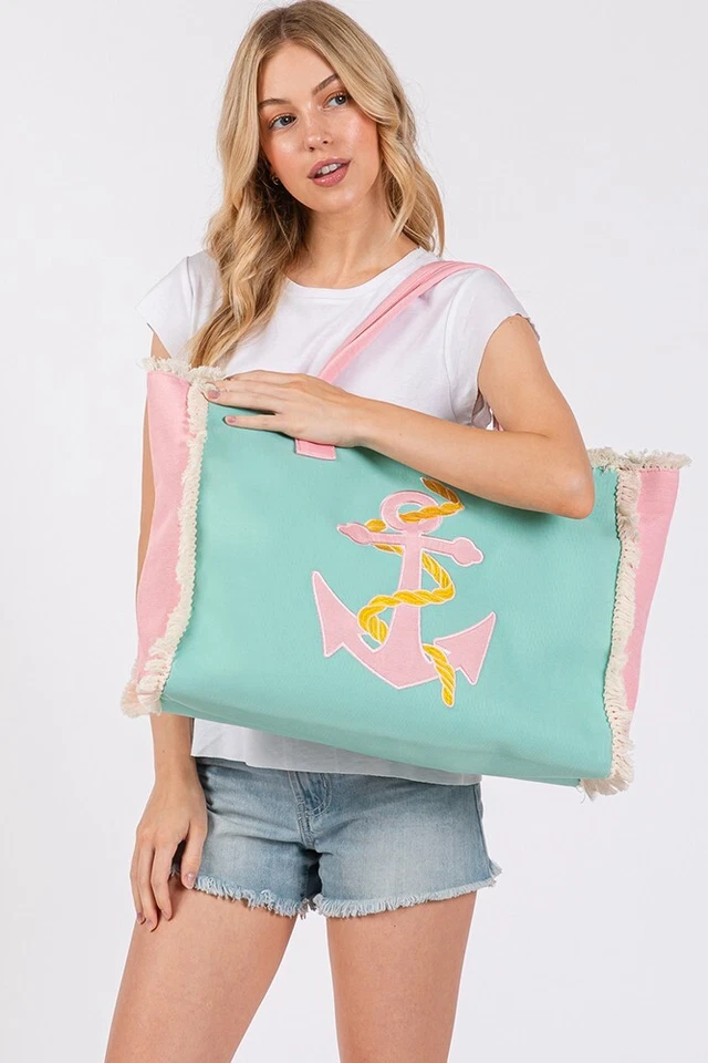 Bolso de Mano de Verano Anthropologie Estilo Ancla Piña Flamenco Bordado Flecos
