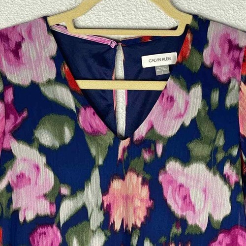 Vestido Calvin Klein Talla 2 Mujer Azul Marino Rosa Floral 3/4 Volantes Manga Campana Gasa - Imagen 4 de 10