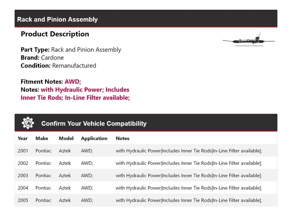 For 2001-2005 Pontiac Aztek AWD Rack and Pinion Assembly Cardone 2002 2003 2004 - Image 2 of 4