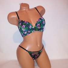 Victoria Secret Bra Set 32C Padded Small Cheeky Panty Black Floral No Wire New