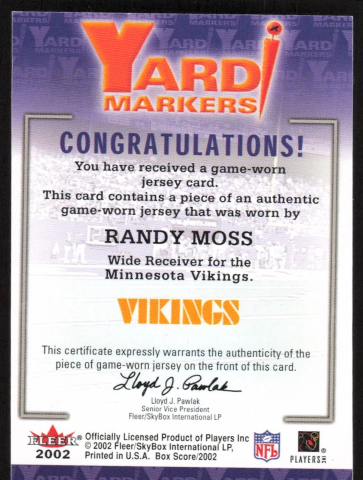 2002 Fleer Box Score Yard Markers Jerseys Randy Moss Minnesota Vikings - Image 2 of 2
