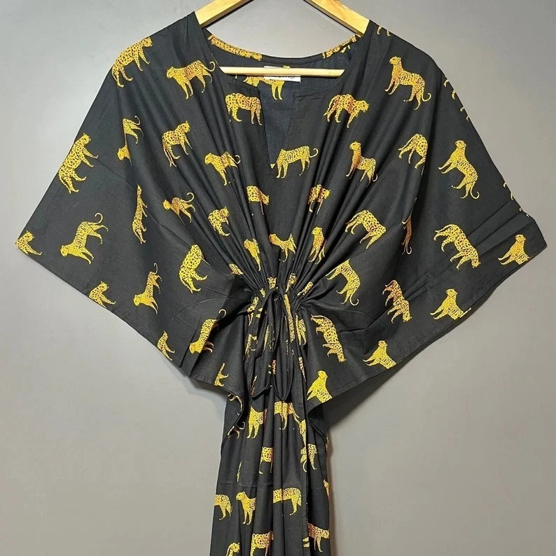 Indian Cotton Black Tiger Printed Kaftan Dress Women's Clothing Kaftan Dress US