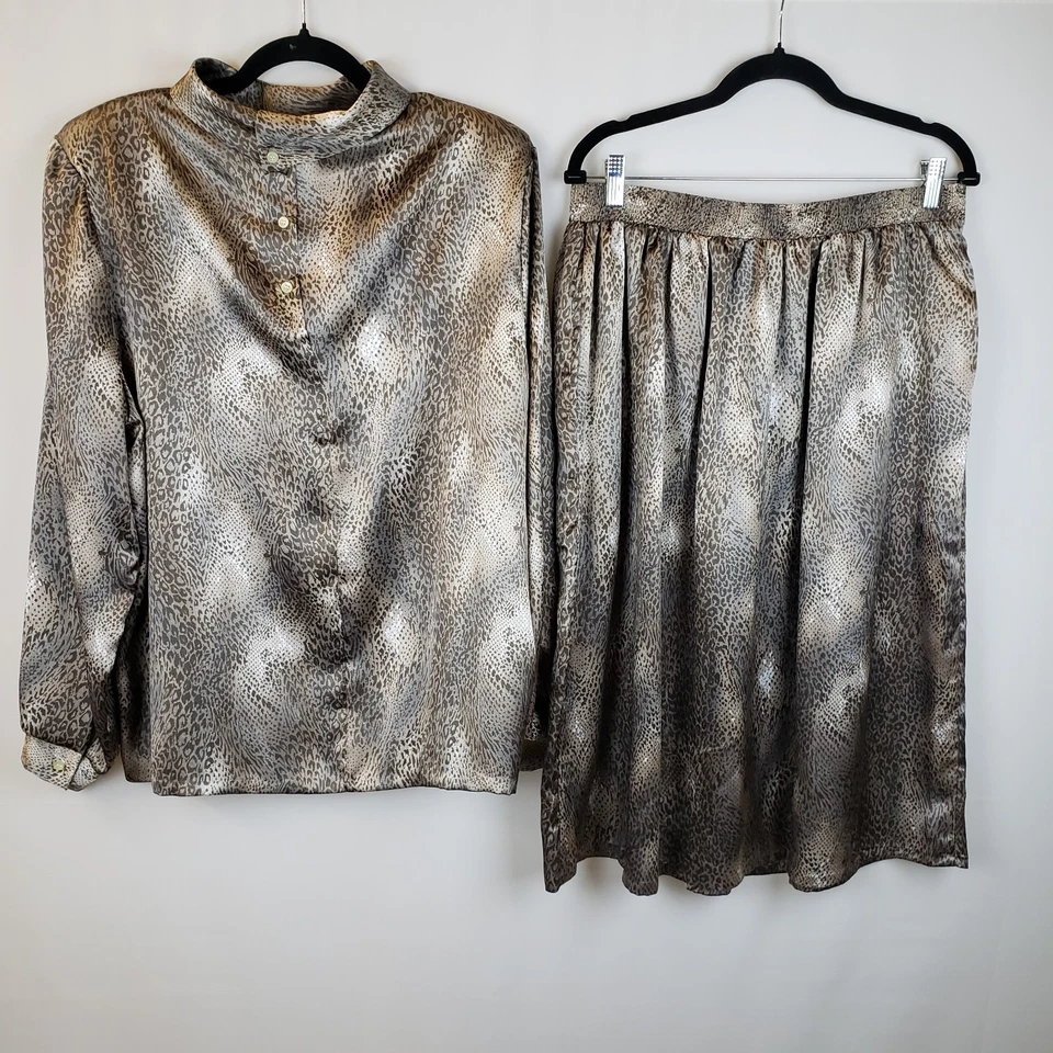 Vintage 80s 2 Piece Set Blouse Skirt 20 Animal Print High Neck Dynasty Rich Mom - Image 3 of 4
