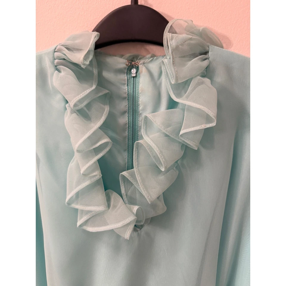 Vintage robins egg Blue Ruffle Neck Dress Long Sleeve Belted Formal Gown XS-S - Image 4 of 4