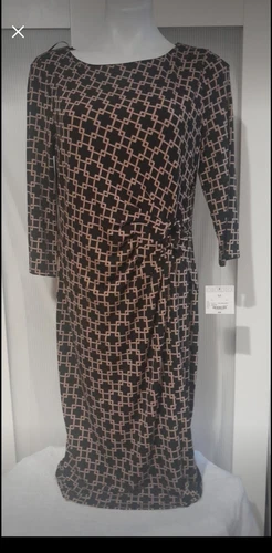 VETEMENTS Liz Claiborne Career Nuovo con etichette Abito al ginocchio nero e marrone fantasia taglia Med