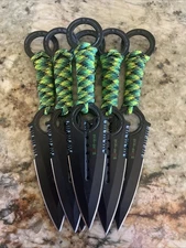 Zomb War 6 Pc Throwing Knife set Black Color W/ sheath and Green Camo paracord