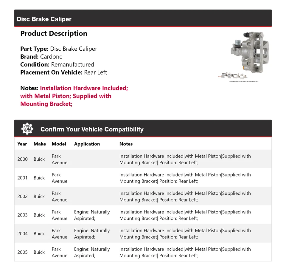Штангенциркуль дискового тормоза задний левый кардон для Buick Park Avenue 2000-2005 годов выпуска 2001 2002 годов выпуска - Изображение 2 из 4