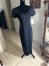 VNTG Liz Claiborne Black Sheath Dress High Slit Tea Length Sz 6P SHLDR Pads NWTS