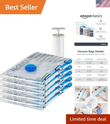 5-Pack Large Vacuum Compression Bags with Hand Pump - Clear Storage Solution