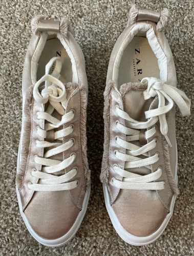 Zara Trafaluc Sneakers Rose Gold Satin Sneakers Shoes Womens EUC 38 / US 7 NEW