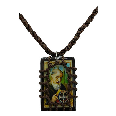 St Benedict Scapular Necklace Brown Knotted Rope Wood Pendant Handmade Saint NEW
