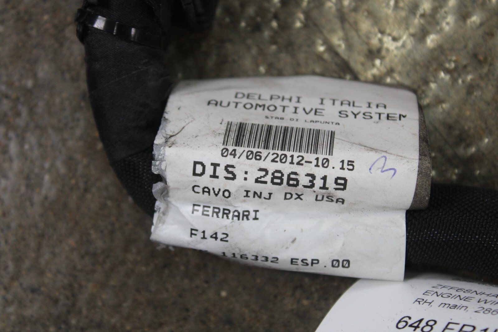 Ferrari 458 Italia, Spider, RH, Main Engine Wire Harness, Used, P/N 286319