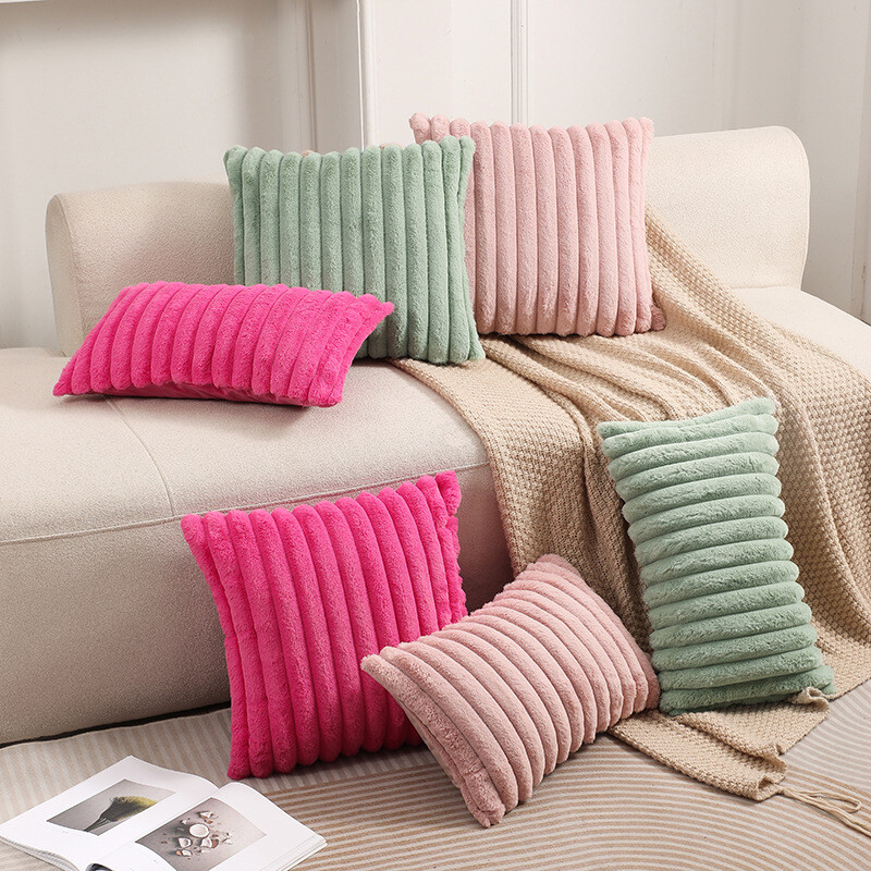 Funda de almohada de felpa de piel de conejo sintética suave esponjosa a rayas 16"18"20"24"