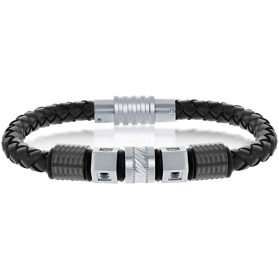 Мужской браслет двухцветный из нержавеющей стали с черной фианитовой кожей ST-1621