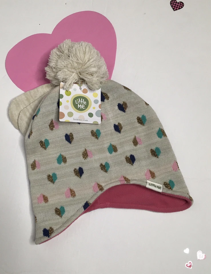 LITTLE ME TODDLER 2-4 CORAZONES GORRO TEJIDO FORRADO CON MITONES NUEVO CON ETIQUETAS Foto 2 de 4