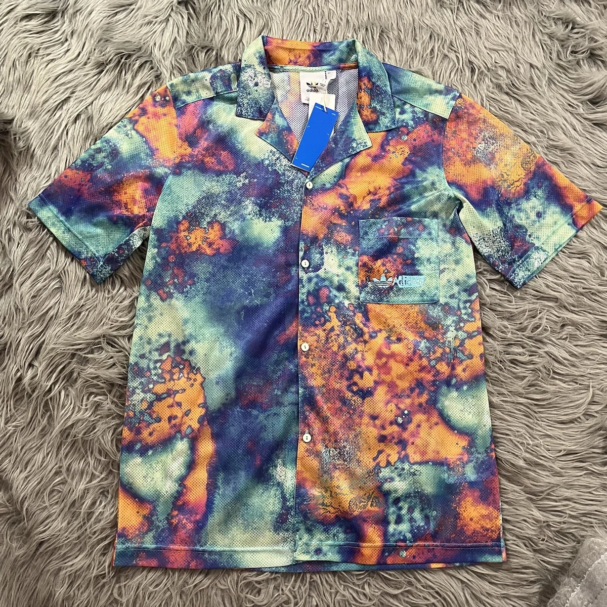 NWT Adidas AOP Tie Dye Mesh Button Up Shirt Short Sleeve Sz S Multicolor