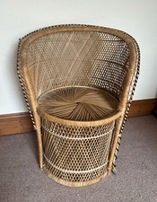 Vintage natural wicker peacock chair - round tub barrel style - 1970s boho tiki