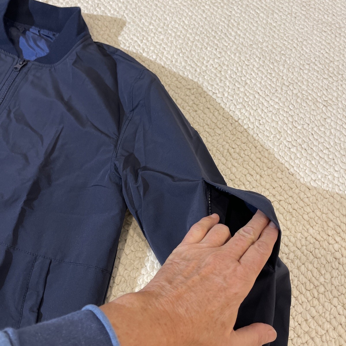 New Mens Bomber Navy Blue Jacket Full Zip Left Sleeve Zip