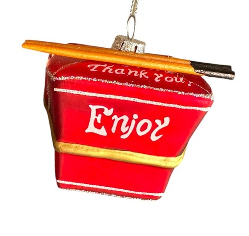 Chinese Take out Box Glass Ornament - Asian Food DoorDash China Rice Noodle Dish - Picture 6 of 7