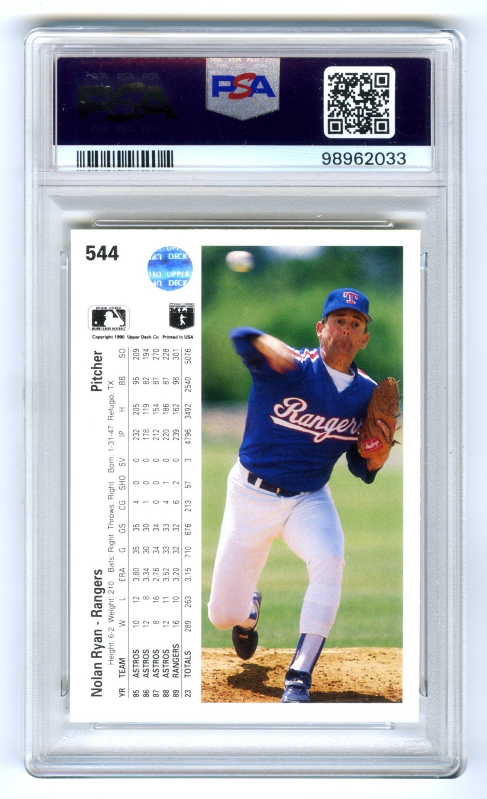NOLAN RYAN~TEXAS RANGERS~1990 UPPER DECK PSA-10 GEM-MT HOT MLB BASEBALL CARD#544 view 2