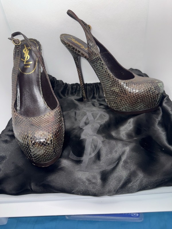 Vintage Yves Saint Laurent YSL Snakeskin Platform Slingback Heels Stilettos 39.5
