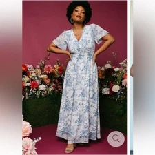 Baltic Born Birdie Blue and Ivory Floral Flutter Sleeve Maxi Dress - Size 2XL