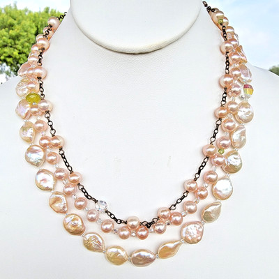 Cultured Pearls Station Sterling Silver Necklace Vintage Multi Strand READ CREAM
