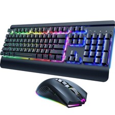 Wireless Gaming Keyboard and Mouse Combo, Metal Panel, 7 Color Backlits, Rech...