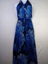 Michael Kors Halter Maxi Dress Small Blue Tahitian Reef Print Tie Neck Stretch