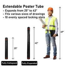 Carry Case Tube For Art Posters Drawings Extendable Telescoping Black Plastic