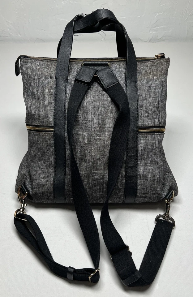 Henri Bendel Jetsetter Convertible Bag Backpack Gray Black Canvas Leather Gold - Image 2 of 4